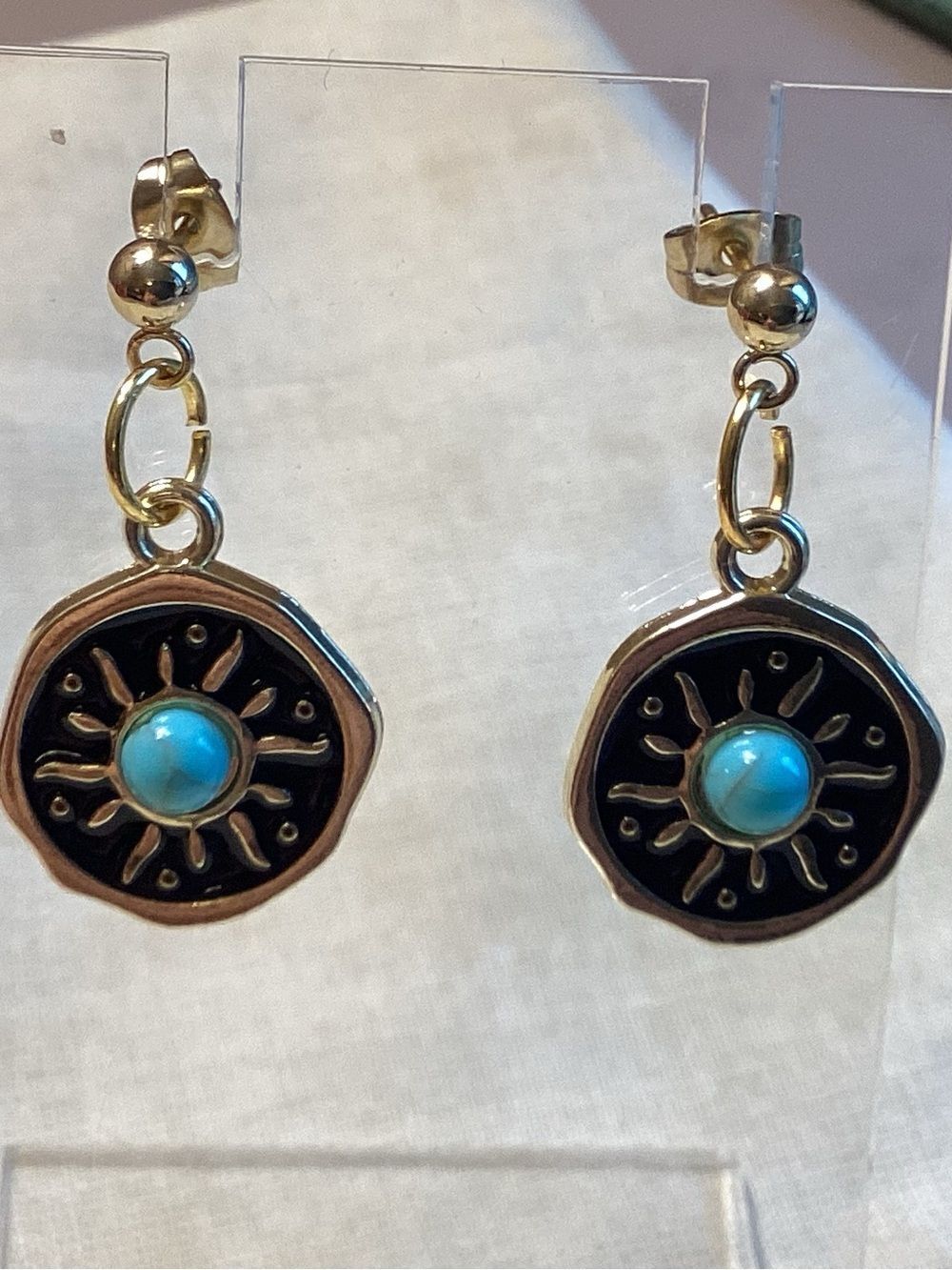 Gold Tone Sunburst Drop Earrings with Faux Turquoise Center